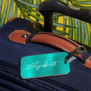 Turquoise Foil Modern Brush Script First Name Luggage Tag