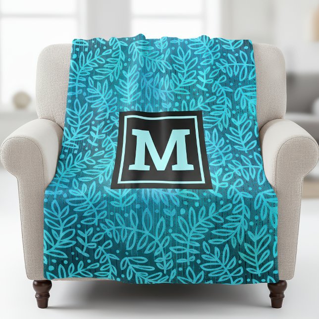 Turquoise foliage leaves pattern modern monogram fleece blanket (Creator Uploaded)