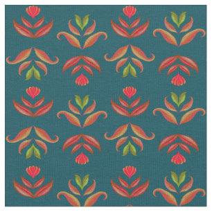 Turquoise Folk Art Floral Print Cosy Rustic Autumn Fabric