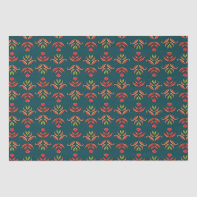 Turquoise Folk Art Floral Print Cosy Rustic Autumn Tissue Paper (Front)