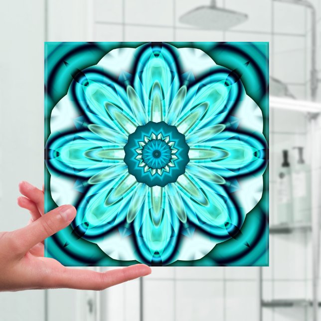 Turquoise Fractal Flower Bathroom Tile (Ceramic bathroom tile featuring a fractal design in turquoise teal in the shape of a star flower)