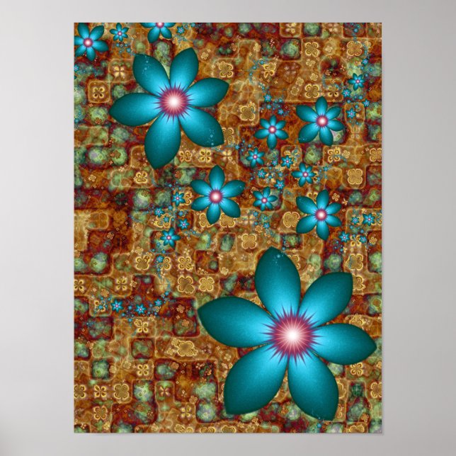 Turquoise Fractal Flowers Poster (Front)