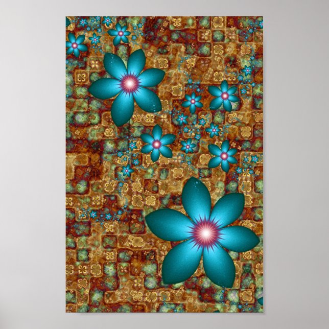 Turquoise Fractal Flowers Poster (Front)