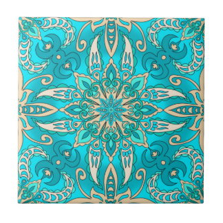 Turquoise Fractal Mandala Ceramic Tile