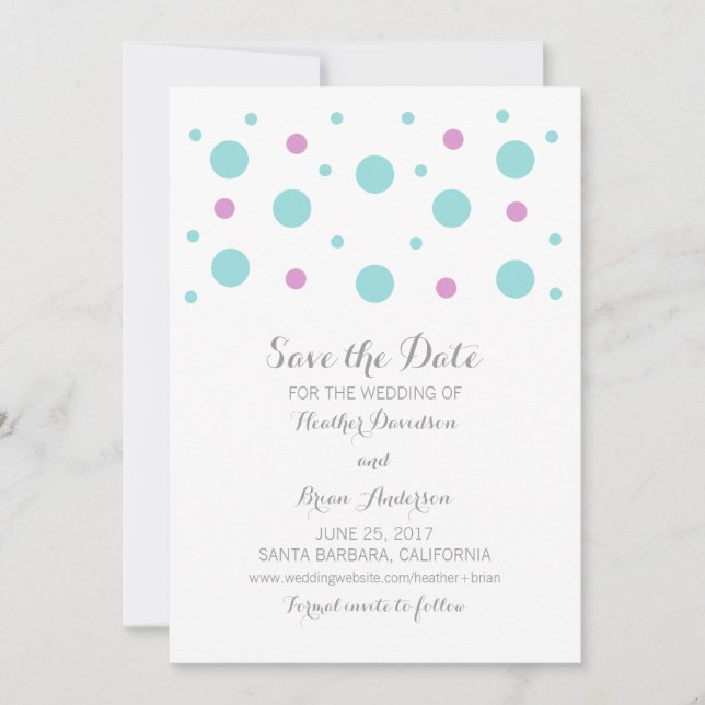 Turquoise Fuchsia Confetti Save the Date Invite (Front)
