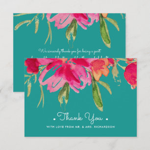 Turquoise Fuchsia Floral Thank You Wedding Card
