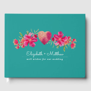 Turquoise Fuchsia Floral Watercolor Wedding Guest Book