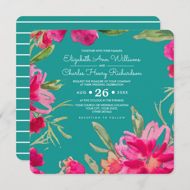 Turquoise Fuchsia Floral Watercolor Wedding Invitation (Front/Back)