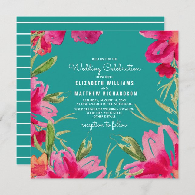 Turquoise Fuchsia Floral Watercolor Wedding  Invitation (Front/Back)