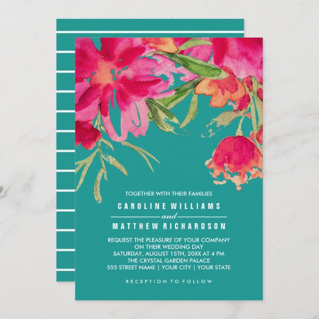 Turquoise Fuchsia Floral Watercolor Wedding  Invitation (Front/Back)