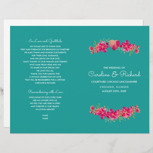 Turquoise Fuchsia Floral Wedding Programs (Front/Back)