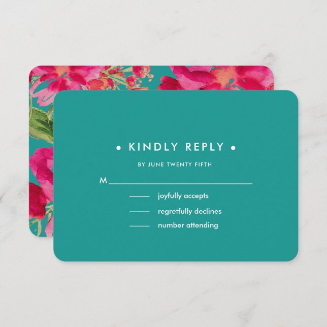 Turquoise Fuchsia Floral Wedding RSVP Cards (Front/Back)