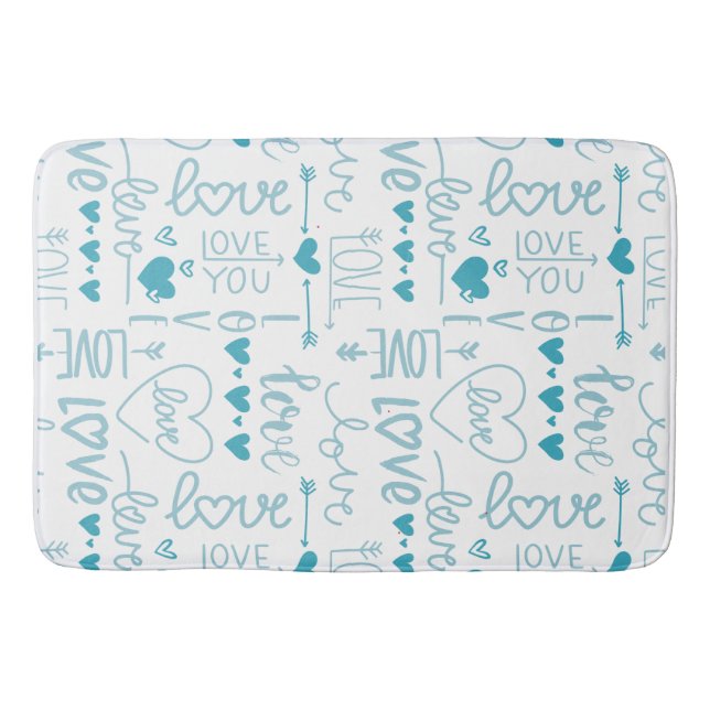 Turquoise Fun and Modern Love and Hearts Bath Mat (Front)