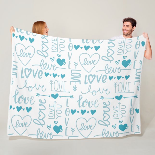 Turquoise Fun and Modern Love and Hearts Fleece Blanket (In Situ)