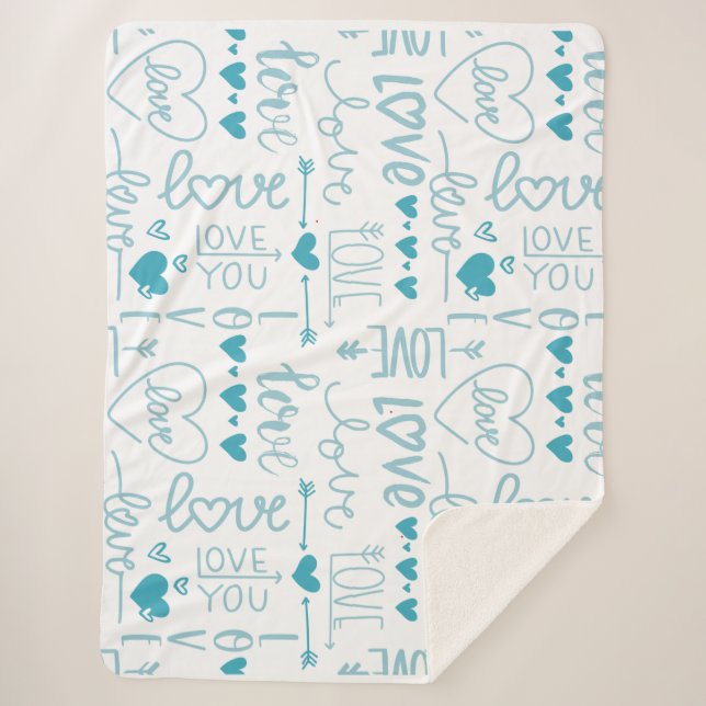 Turquoise Fun and Modern Love and Hearts Sherpa Blanket (Front)