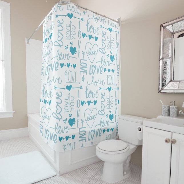 Turquoise Fun and Modern Love and Hearts Shower Curtain (In Situ)