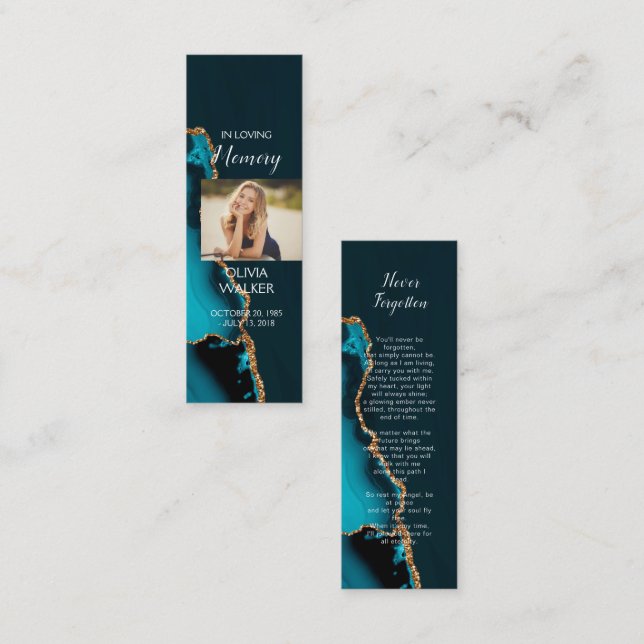 Turquoise Funeral Bookmark, Funeral Keepsake Cards (Front/Back)