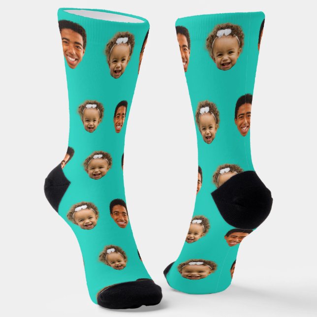 Turquoise Funny Custom 2 Face Photo Mum Socks (Angled)