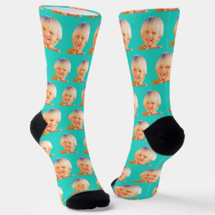 Turquoise Funny Custom Son Face Photo Crew Socks