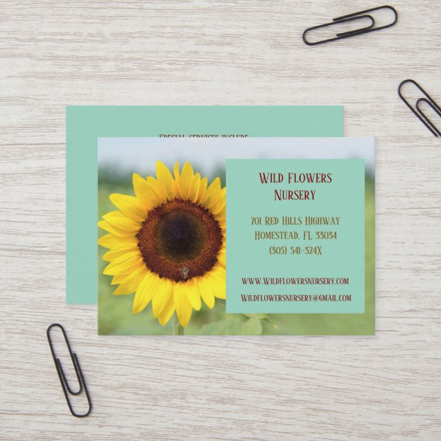 Turquoise Gardener Landscaper Florist Sunflower Business Card (Front/Back In Situ)
