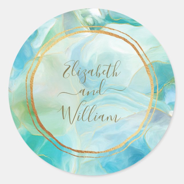 Turquoise Gemstone Gold Rings Wedding Monogram Classic Round Sticker (Front)