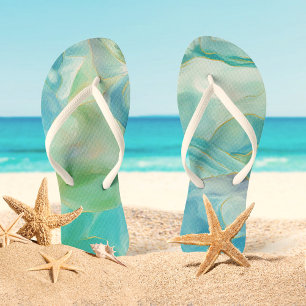 Turquoise Gemstone Watercolor Tropical Summer Thongs
