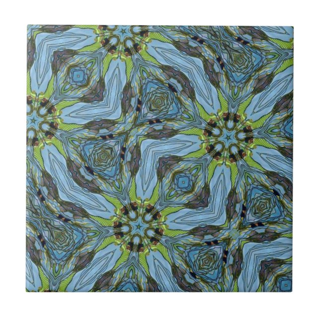 Turquoise geometric abstract art plants ceramic tile (Front)