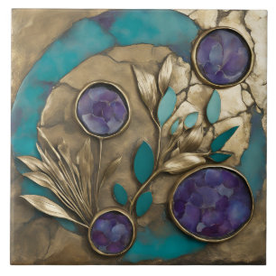 Turquoise Geometric Floral with Gold & Purple Ceramic Tile