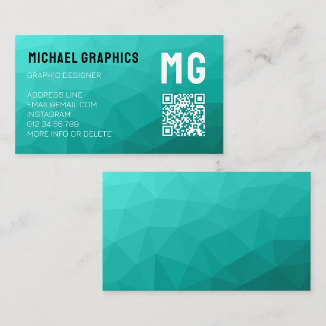 Turquoise geometric mesh pattern QR code Monogram Business Card (Front/Back)