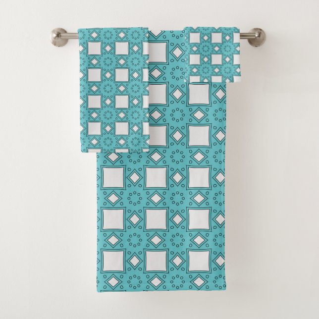Turquoise geometric-patterned  bath towel set (Insitu)