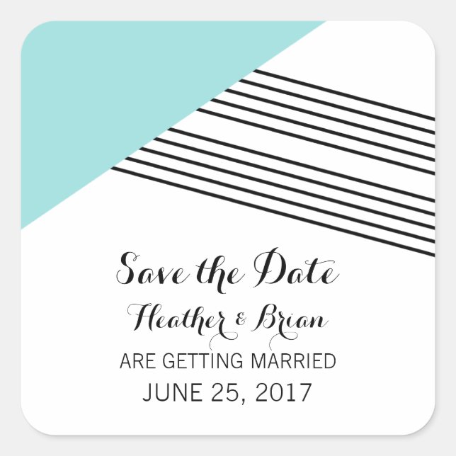 Turquoise Geometric Stripe Save the Date Stickers (Front)