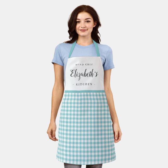 Turquoise gingham check adult personalised cooking apron (Worn)