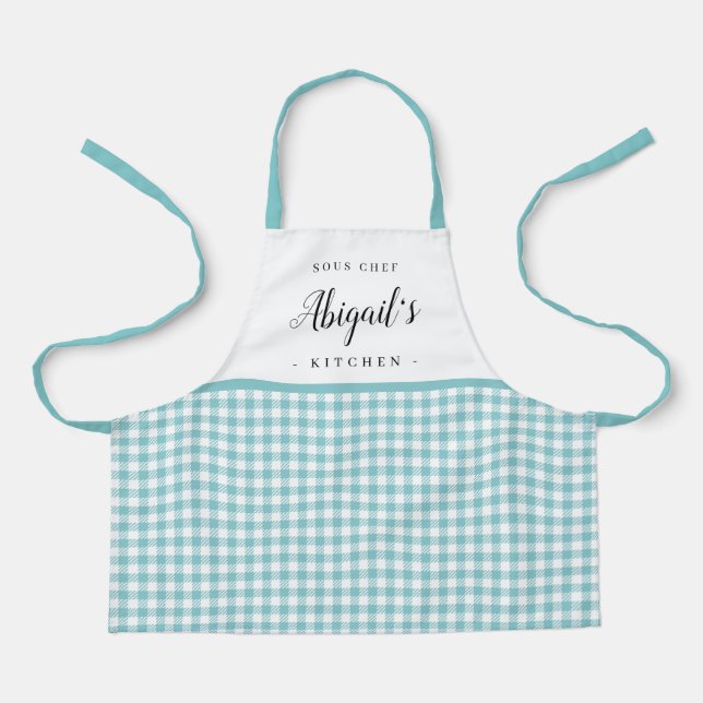 Turquoise gingham check child personalised cooking apron (Front)