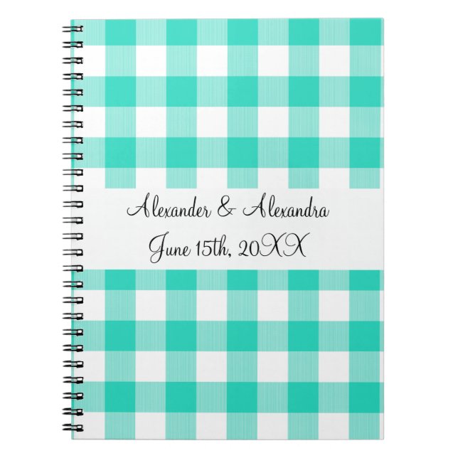 Turquoise gingham pattern wedding favours notebook (Front)