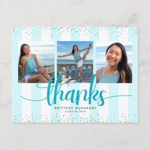 Turquoise glitter 3 photo graduation thank you postcard