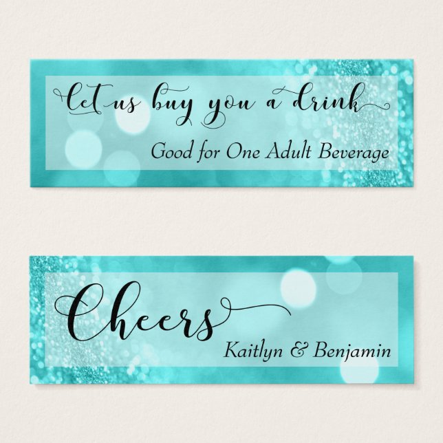 Turquoise Glitter Bokeh Script Mini Drink Ticket (Front & Back)