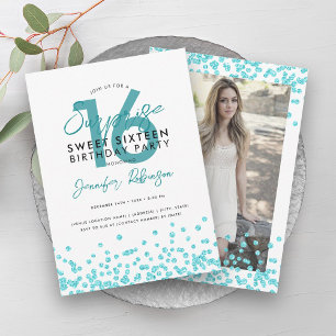 Turquoise Glitter Confetti Surprise Sweet 16 Invitation
