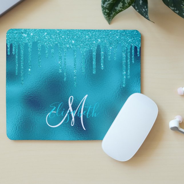 Turquoise Glitter Drip Personalised Monogram Mouse Pad (Creator Uploaded)