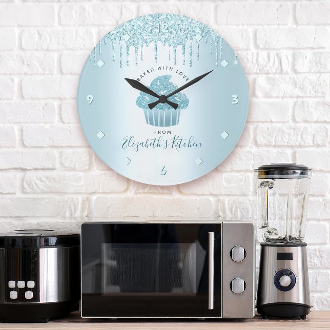 Turquoise Glitter Drips Cupcake Bakery Pastry Chef Large Clock (Creator Uploaded)