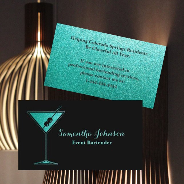 Turquoise Glitter Event Bartender Business Card (Creator Uploaded)
