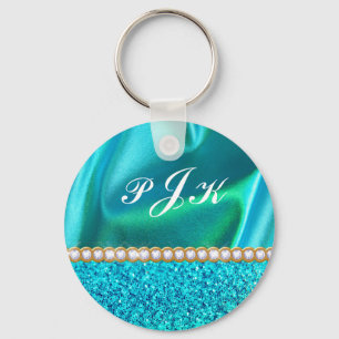 Turquoise Glitter, Faux Satin, Pearls, Personalise Key Ring