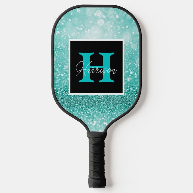 Turquoise Glitter Glam Monogram Name Customisable  Pickleball Paddle (Front)