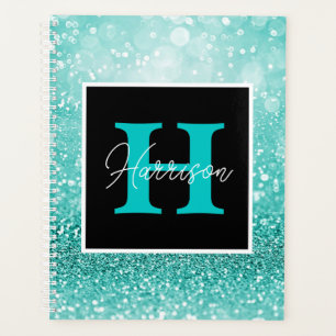 Turquoise Glitter Glam Monogram Name Personalised Planner