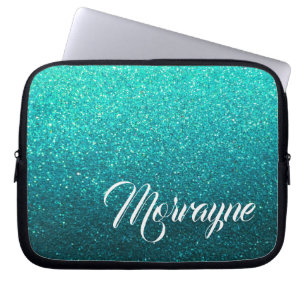 Turquoise Glitter Glam Ombre Sparkles Fancy Name Laptop Sleeve