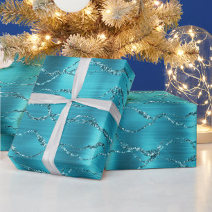 Turquoise Glitter Glitzy Stripes Wrapping Paper
