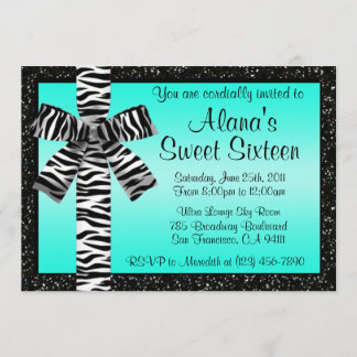 Turquoise Glitter Invite With Zebra Print Bow