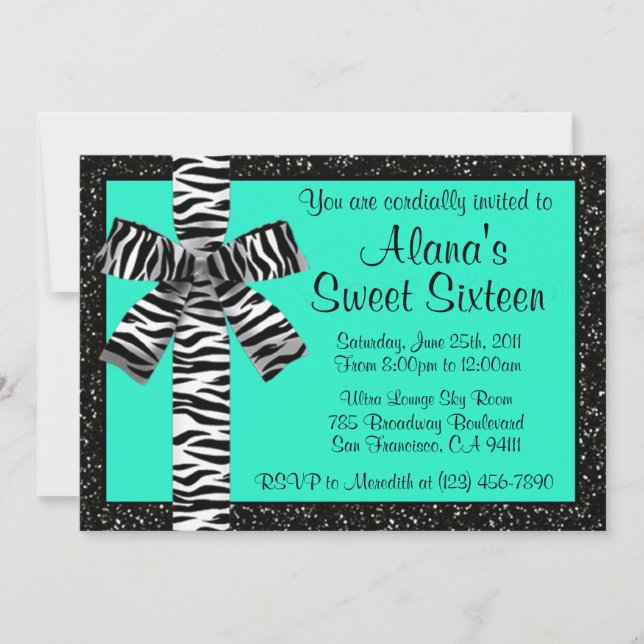 Turquoise Glitter Invite With Zebra Print Bow (Front)