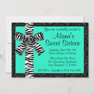 Turquoise Glitter Invite With Zebra Print Bow