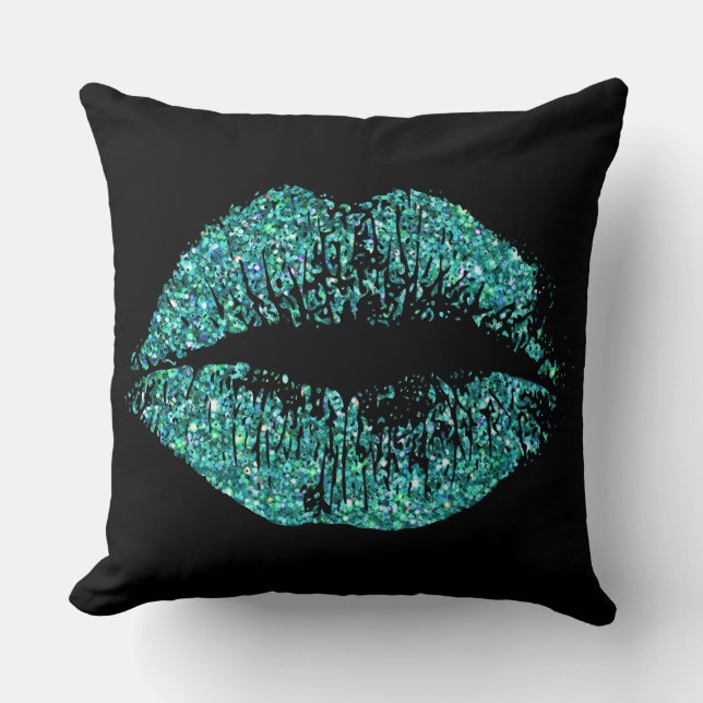 Turquoise Glitter Lips On Black Cushion (Front)