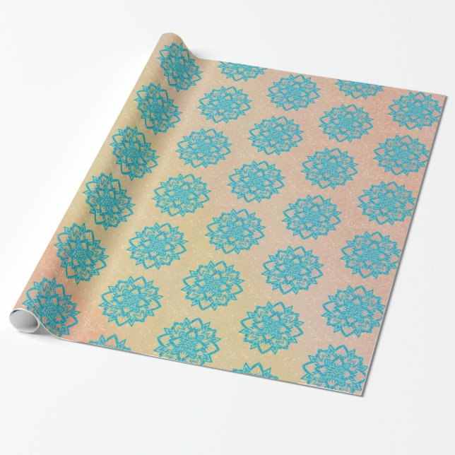 Turquoise Glitter Mandala Wrapping Paper (Unrolled)